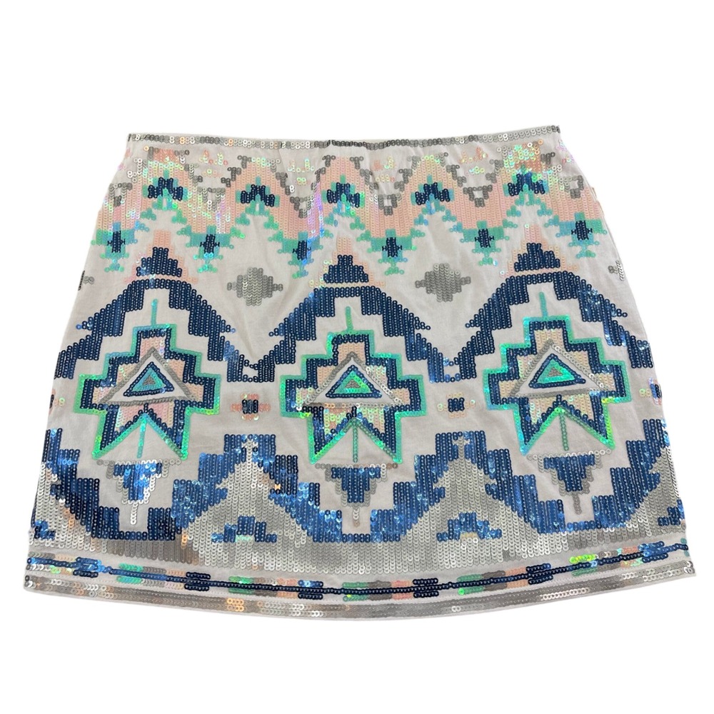 Express Sequin Mini Skirt XS Cream Stretch Southwestern‎ Aztec Festival NWT